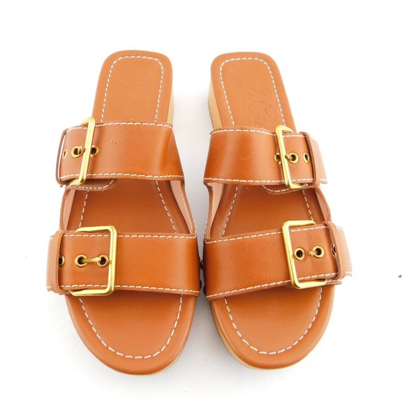 J. CREW Brown Leather Double Buckle Strap Slide Studded Wooden Heel Sandals 6.5 - Picture 2 of 8